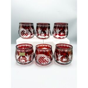 Egermann Bohemian Czech Set of 6 Crystal Red Etched Glass Rocks Glasses Ruby vtg